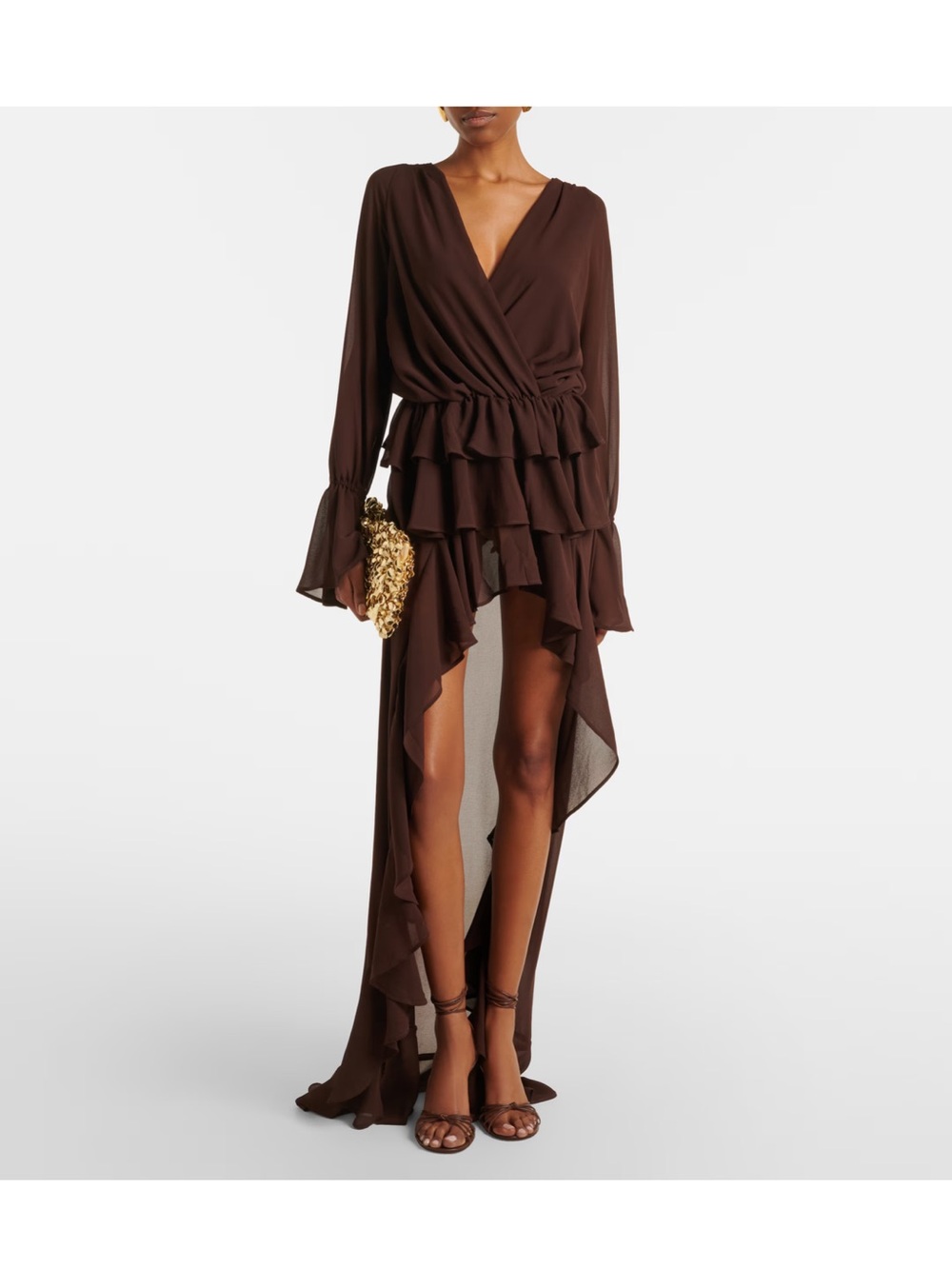 Chocolate Brown High-Low Ruffle Wrap Dress Bananhot